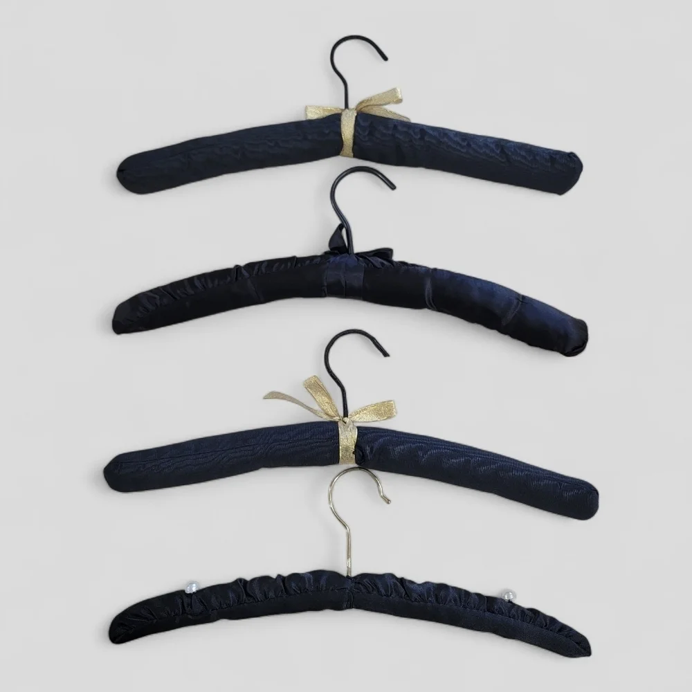 Set of Vintage Black Satin Padded Hangers with Gold And Pearl Accents